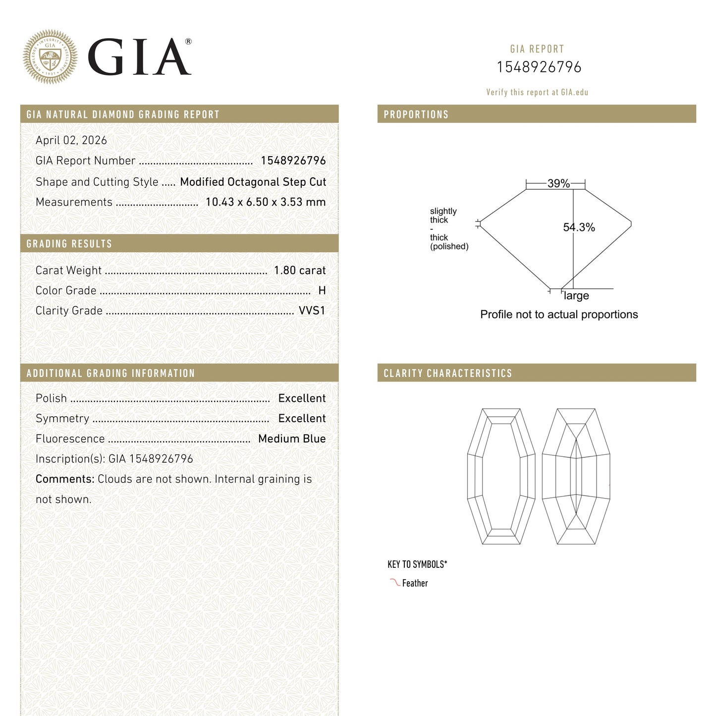 1.80ct 10.43x6.50x3.53mm GIA VVS1 H Cut Corner Rectangle Step Cut 28011-01