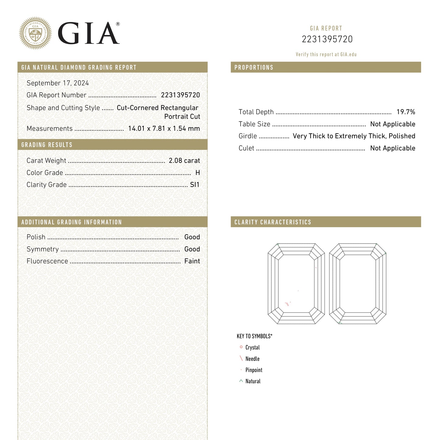 2.08ct 14.01x7.81x1.54mm GIA SI1 H Cut Corner Rectangle Portrait Cut 25540-01