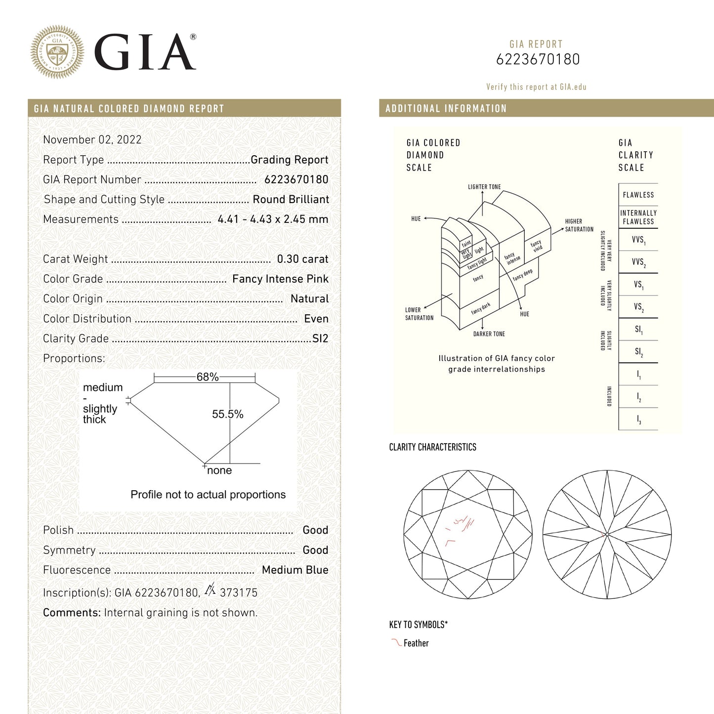 0.30ct 4.43x4.41x2.45mm GIA SI2 Fancy Intense Pink Round Brilliant 24144-01