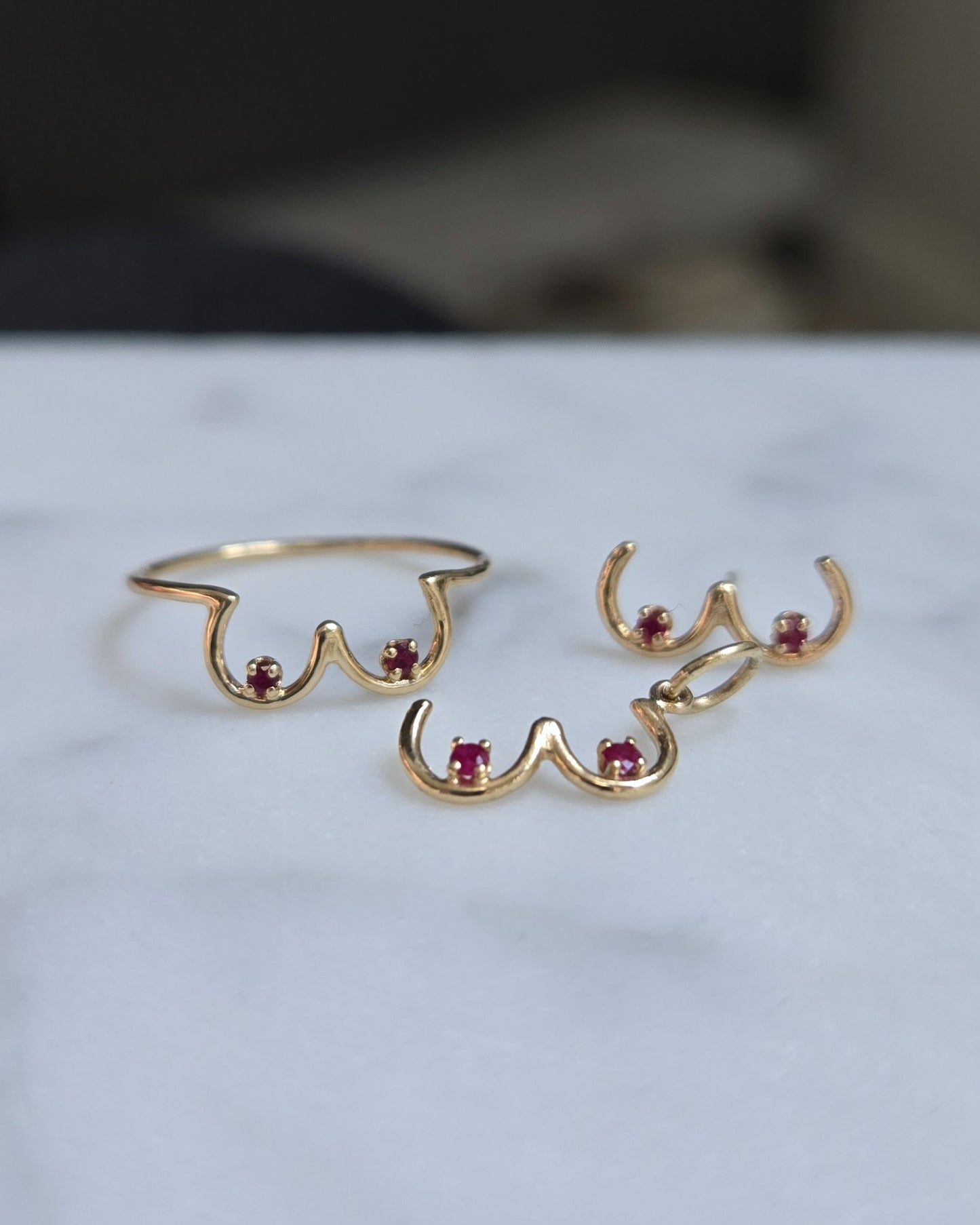 Boob Ring, Boob Charm & Boob Stud with rubies in 14k yellow gold