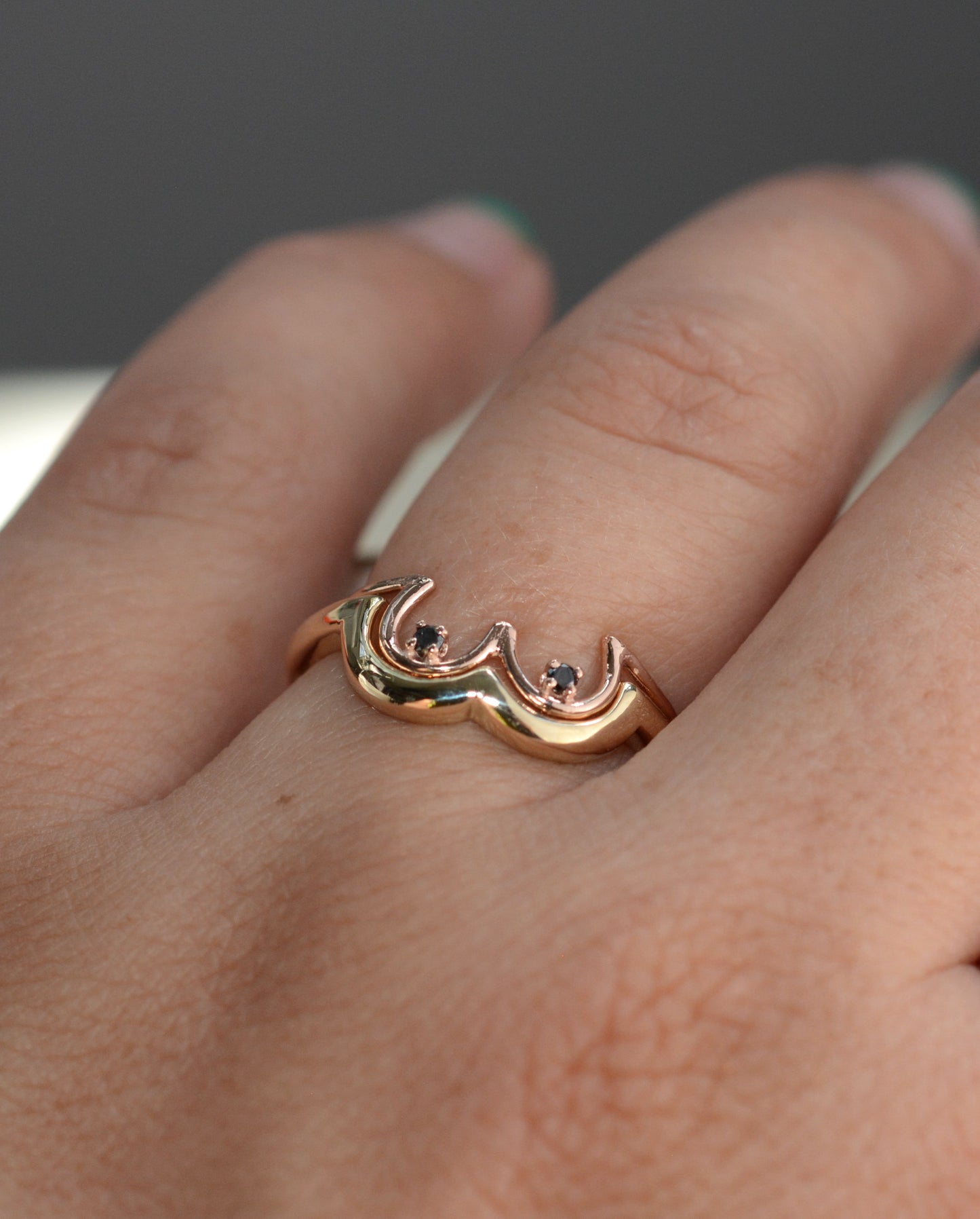 Bra Band in 14k yellow gold stacked with Black Diamond Boob Ring set in 14k rose gold