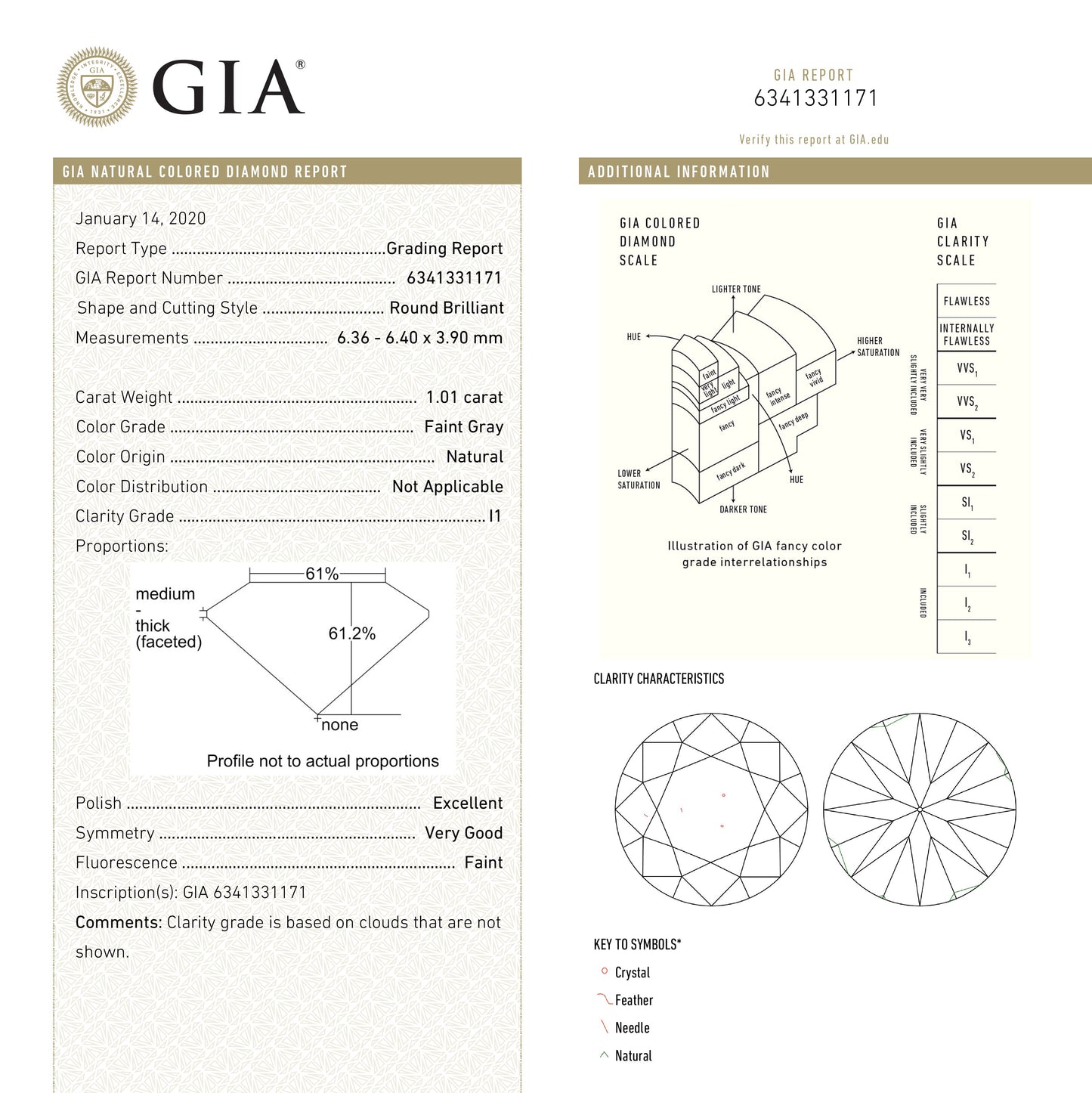 1.01ct 6.40x6.36x3.90mm GIA Faint Grey Round Brilliant 19000-01 - Misfit Diamonds