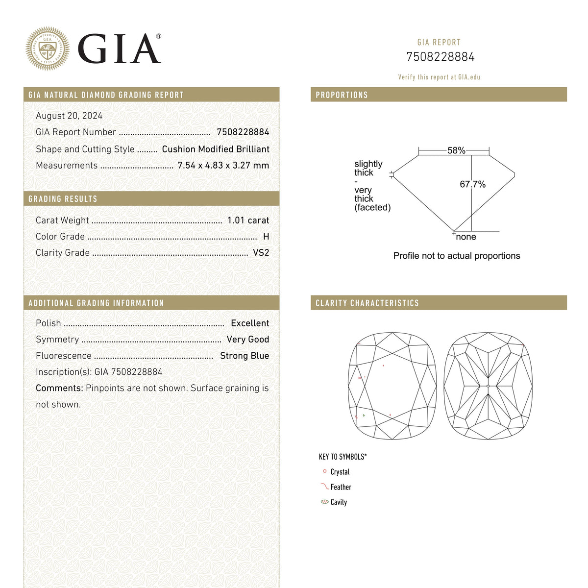1.01ct 7.54x4.83x3.27mm GIA VS2 H Cushion Brilliant 28347-01