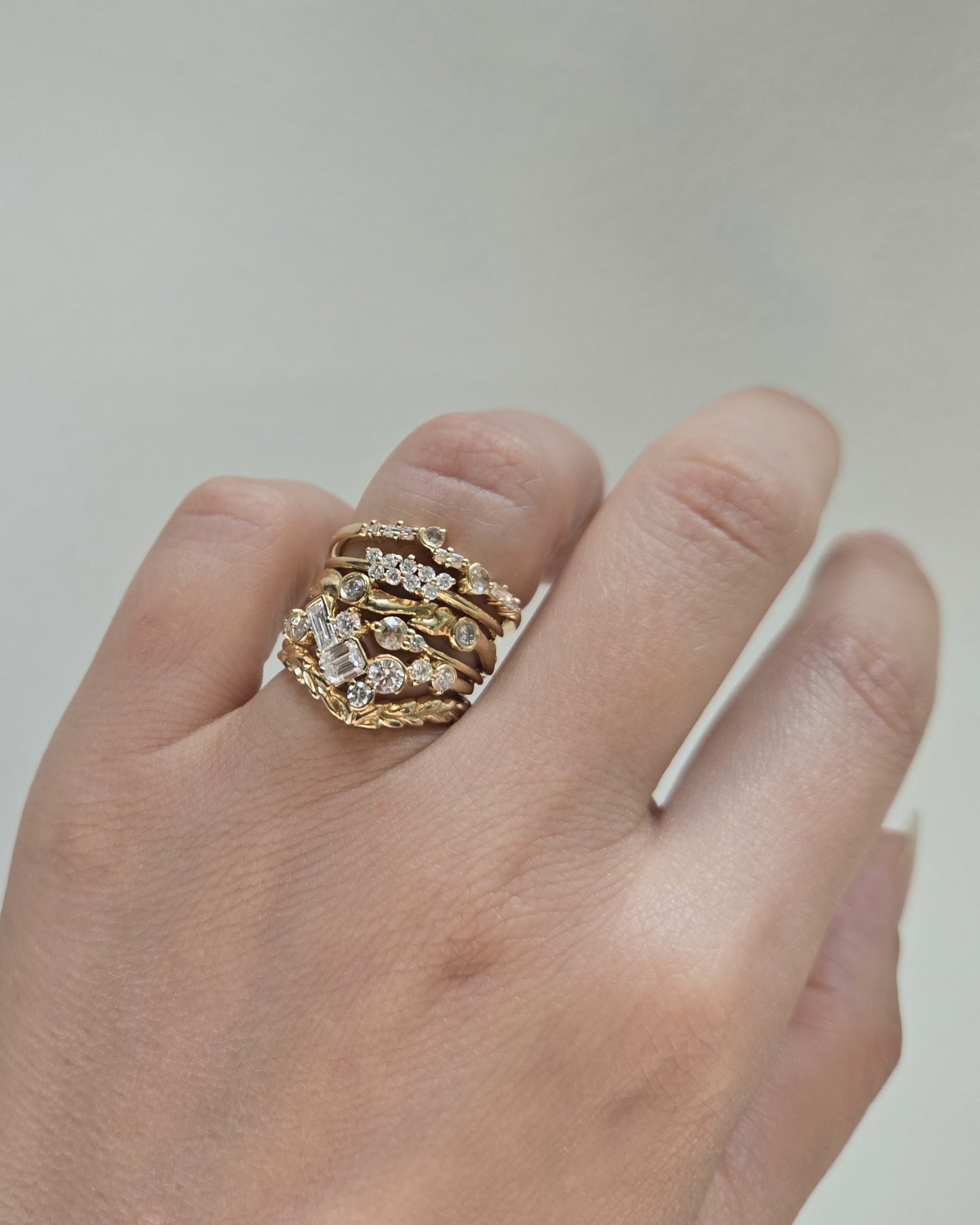Diamond bands stacked on a finger
