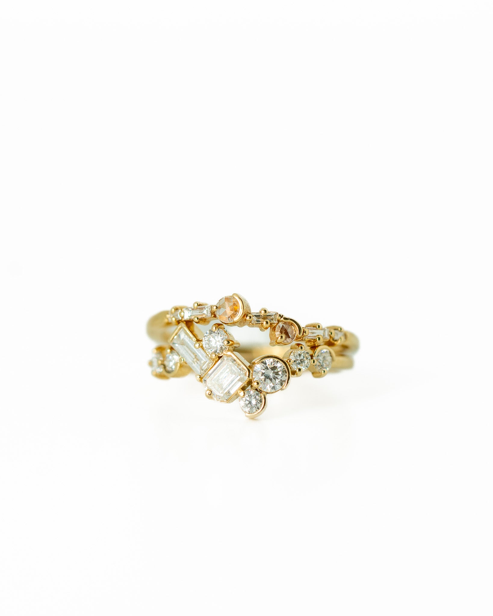 Diamond Estuary Cluster Ring stacked with Art Deco Band