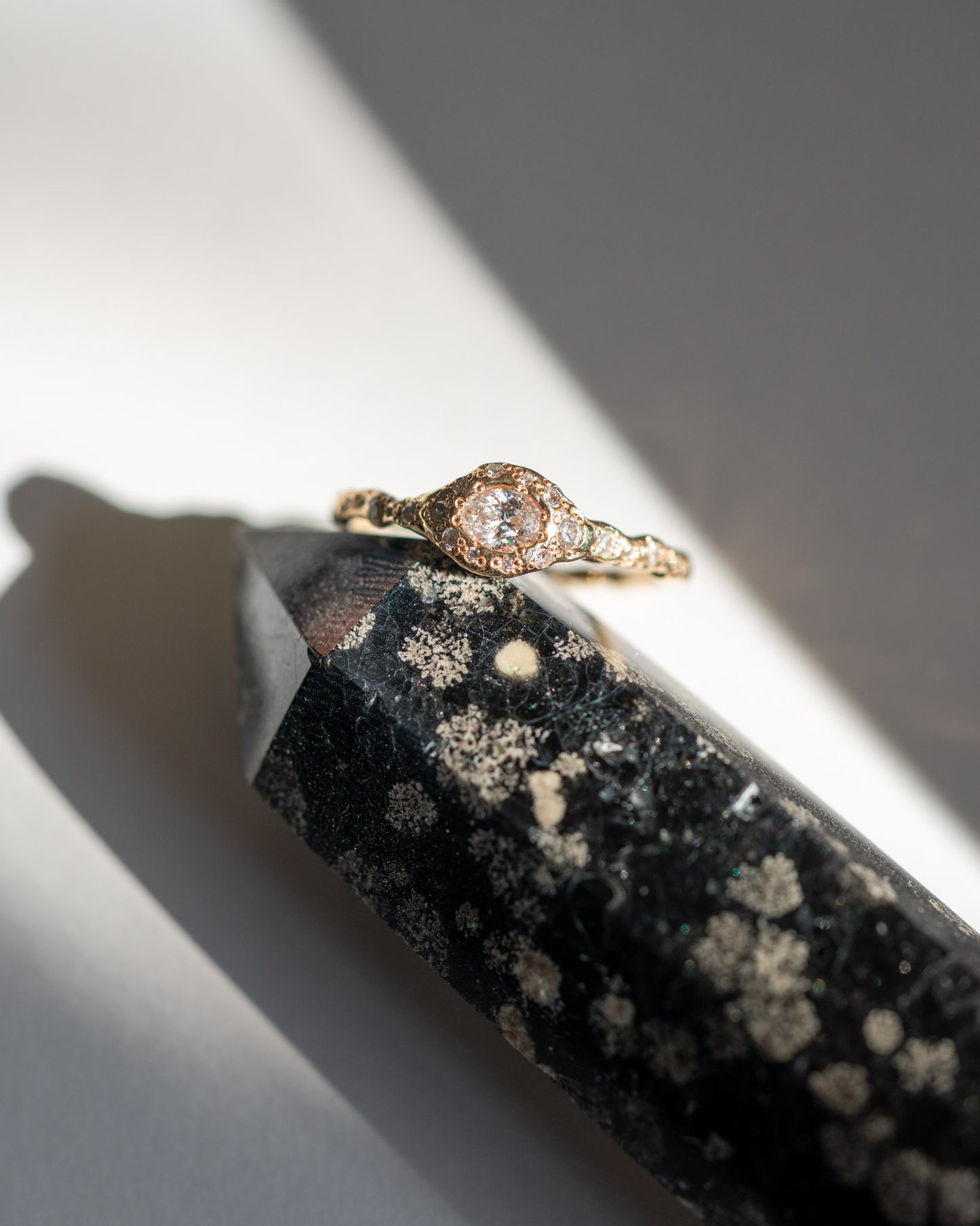 Diamond Fairy Ring in 14k yellow gold on a crystal