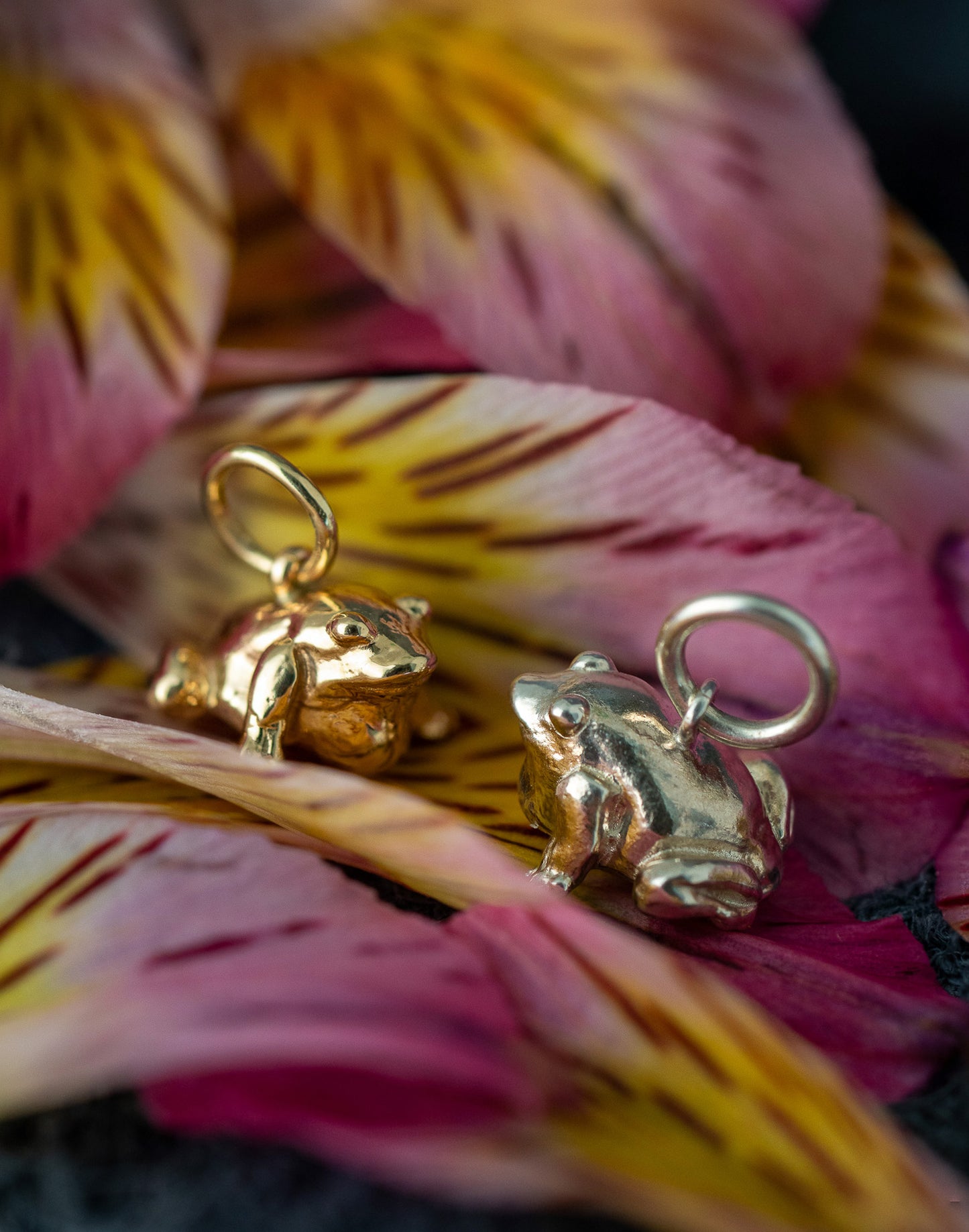 Frog charm in 14k yellow gold and sterling silver on a flower