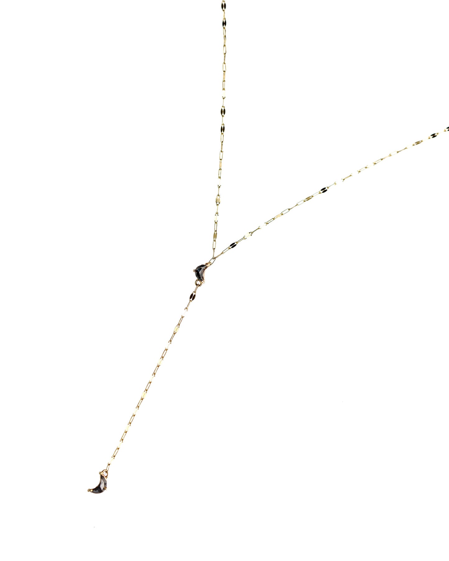 Luna Lariat Necklace with salt & pepper crescent moon diamonds on a keyhole chain