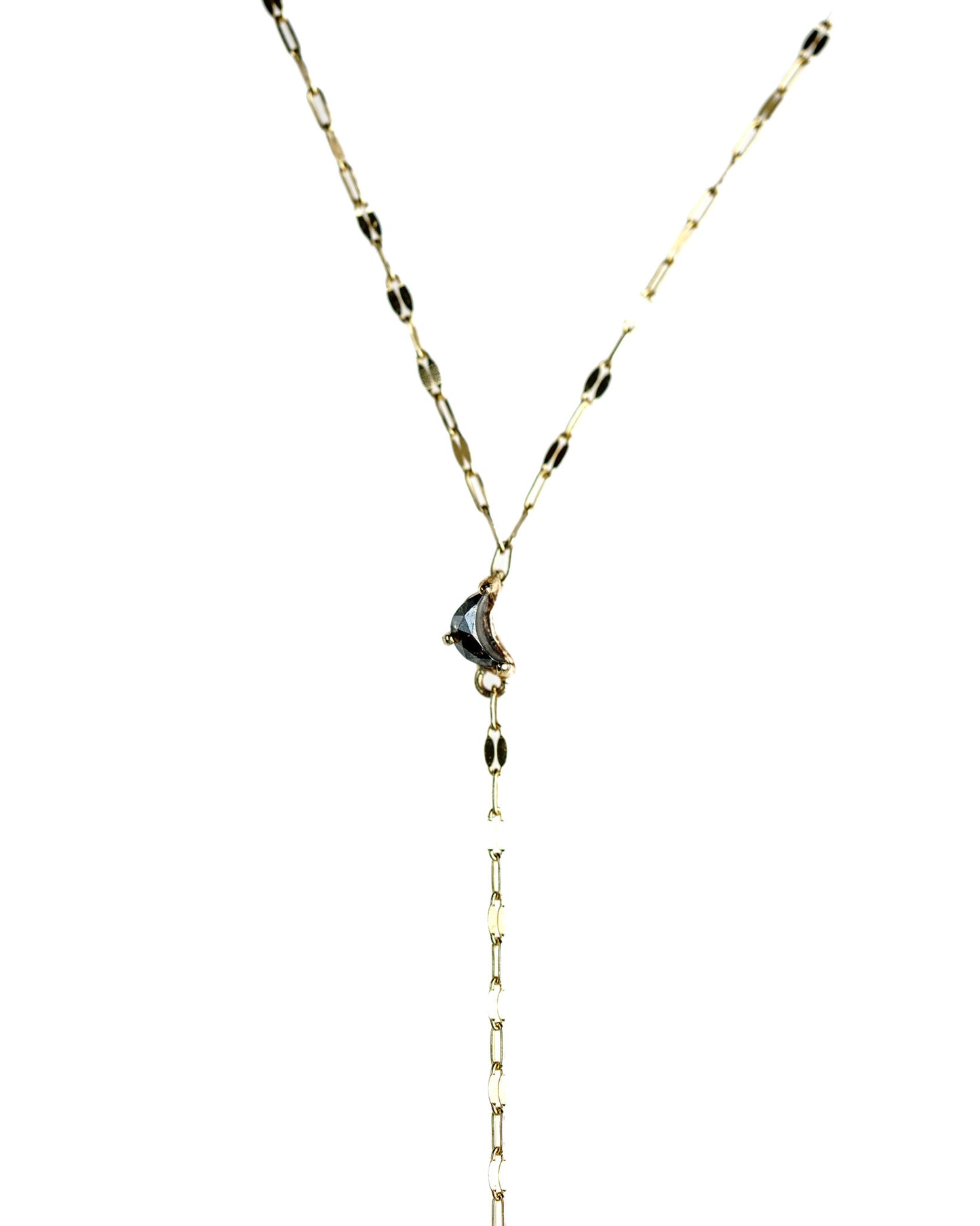 Luna Lariat Necklace with salt & pepper crescent moon diamonds on a keyhole chain