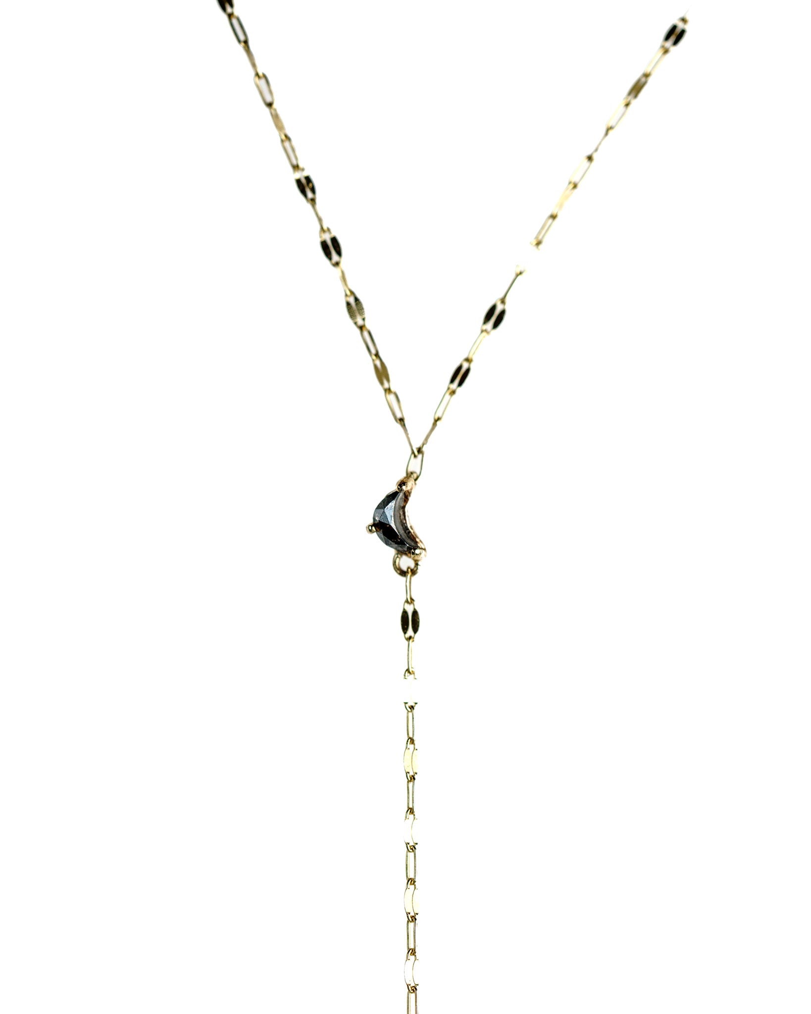 Luna Lariat Necklace with salt & pepper crescent moon diamonds on a keyhole chain