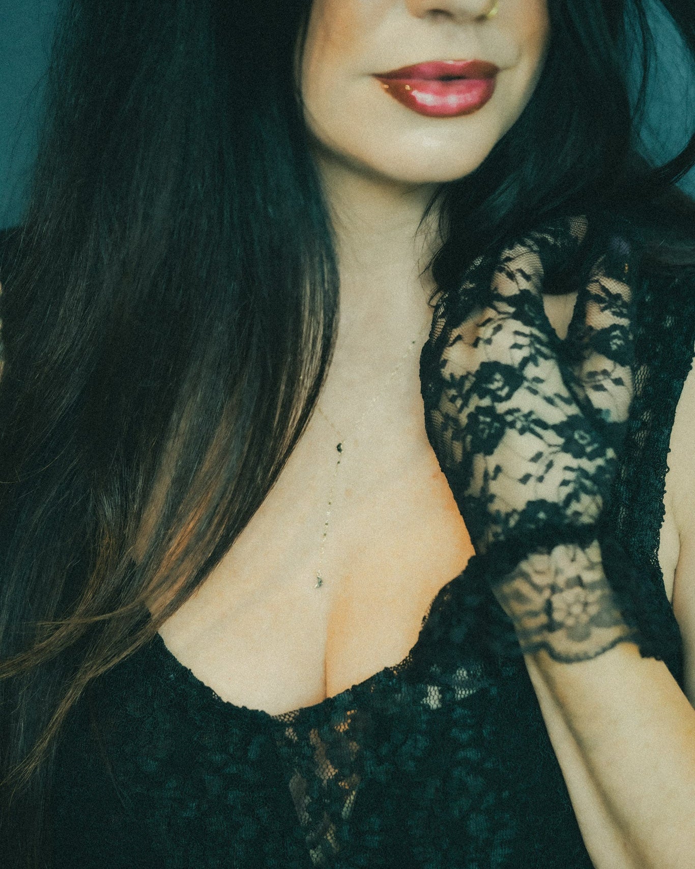 Luna Lariat Necklace with salt & pepper crescent moon diamonds on a keyhole chain