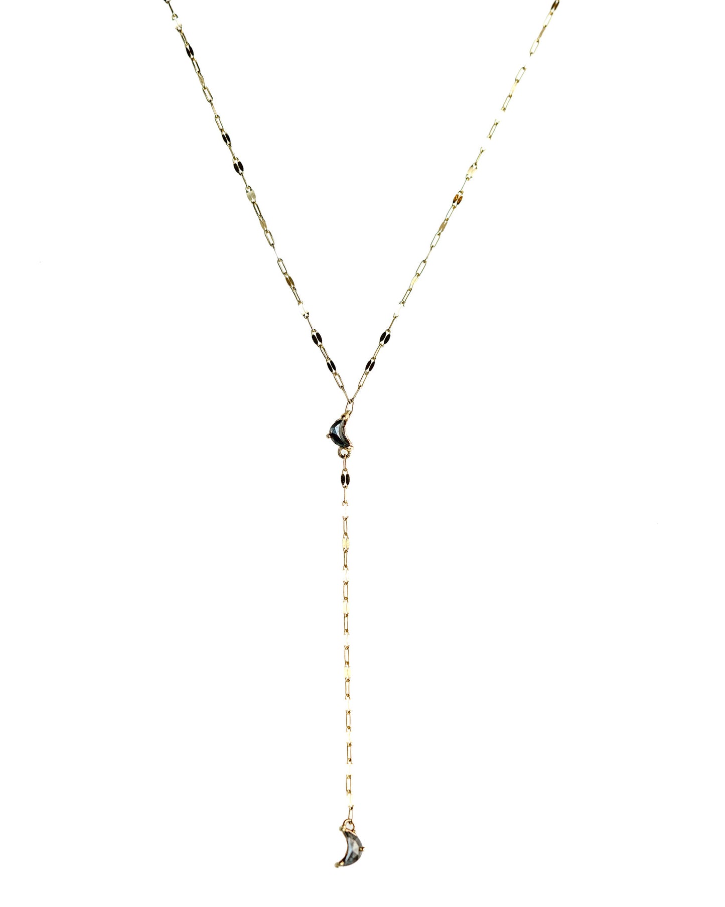 Luna Lariat Necklace with salt & pepper crescent moon diamonds on a keyhole chain