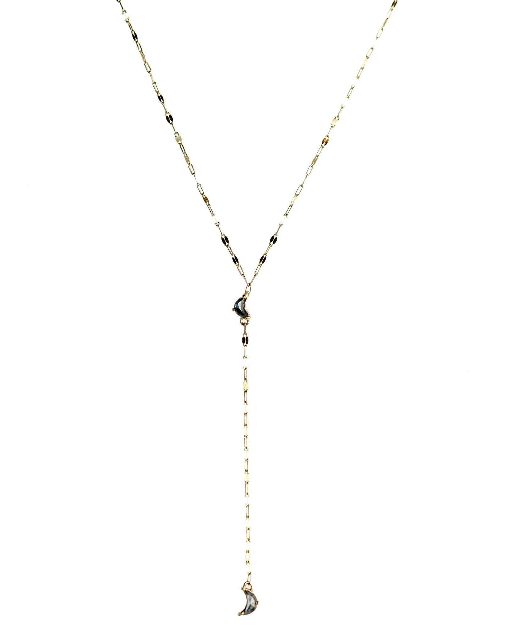 Luna Lariat Necklace with salt & pepper crescent moon diamonds on a keyhole chain