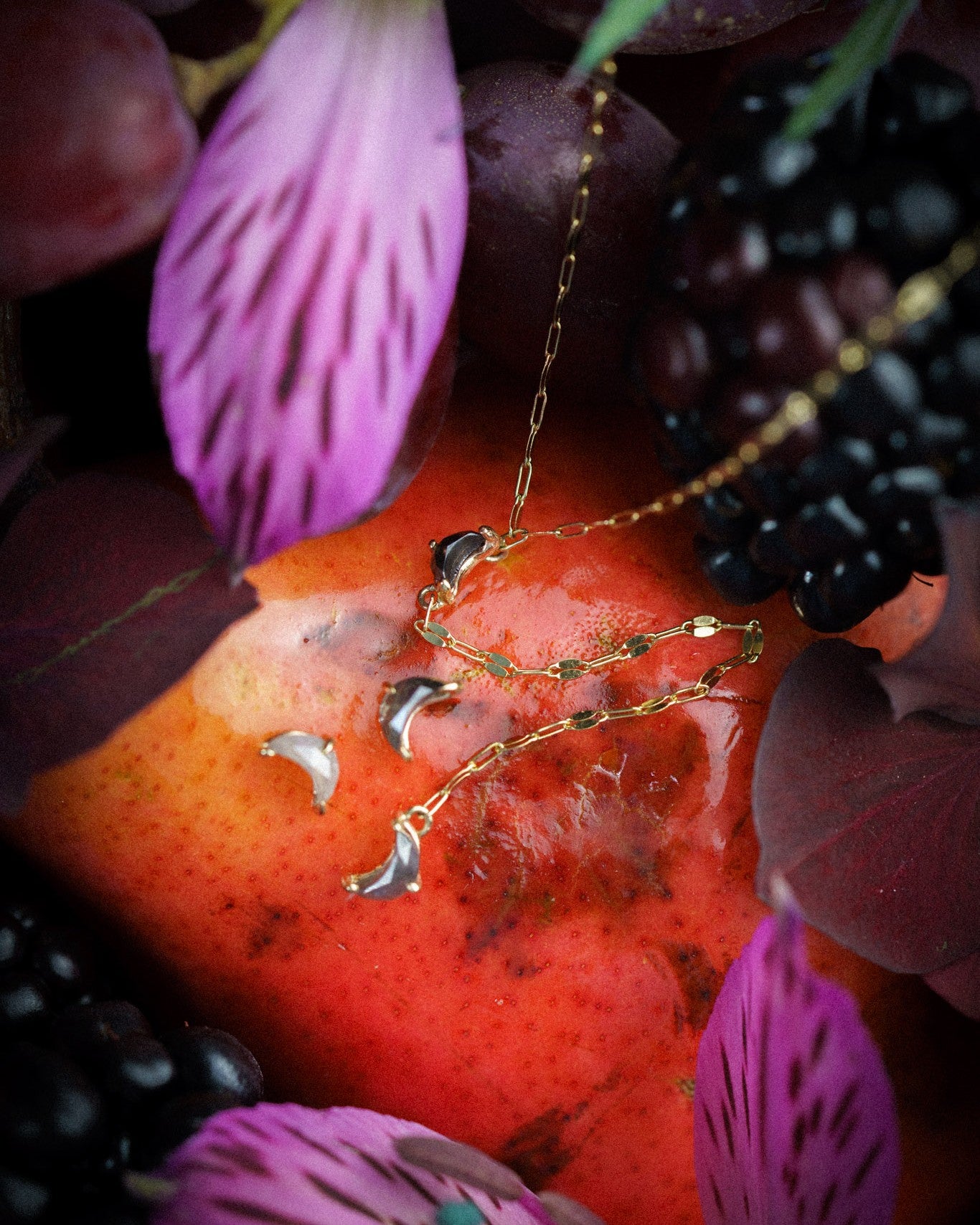 Luna Lariat Necklace and Luna Stud Earrings with salt & pepper diamond crescent moons