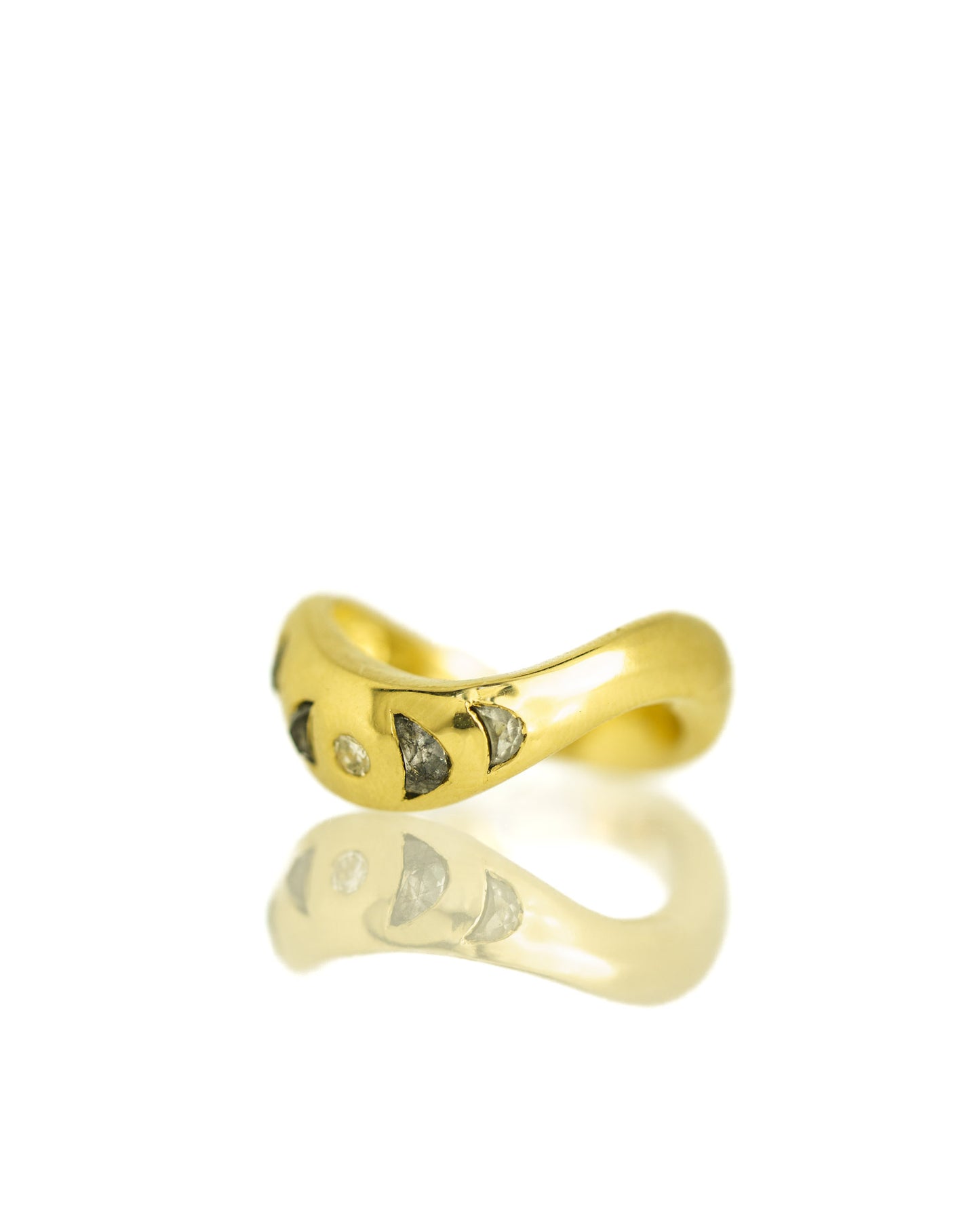 Veniszka Band with flush set salt & pepper diamond crescent moons and a round white diamond