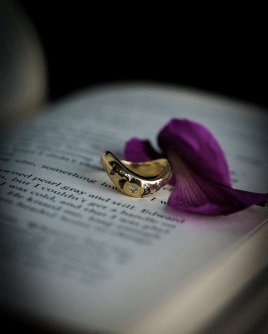 Veniszka Band with flush set salt & pepper diamond crescent moons and a round white diamond