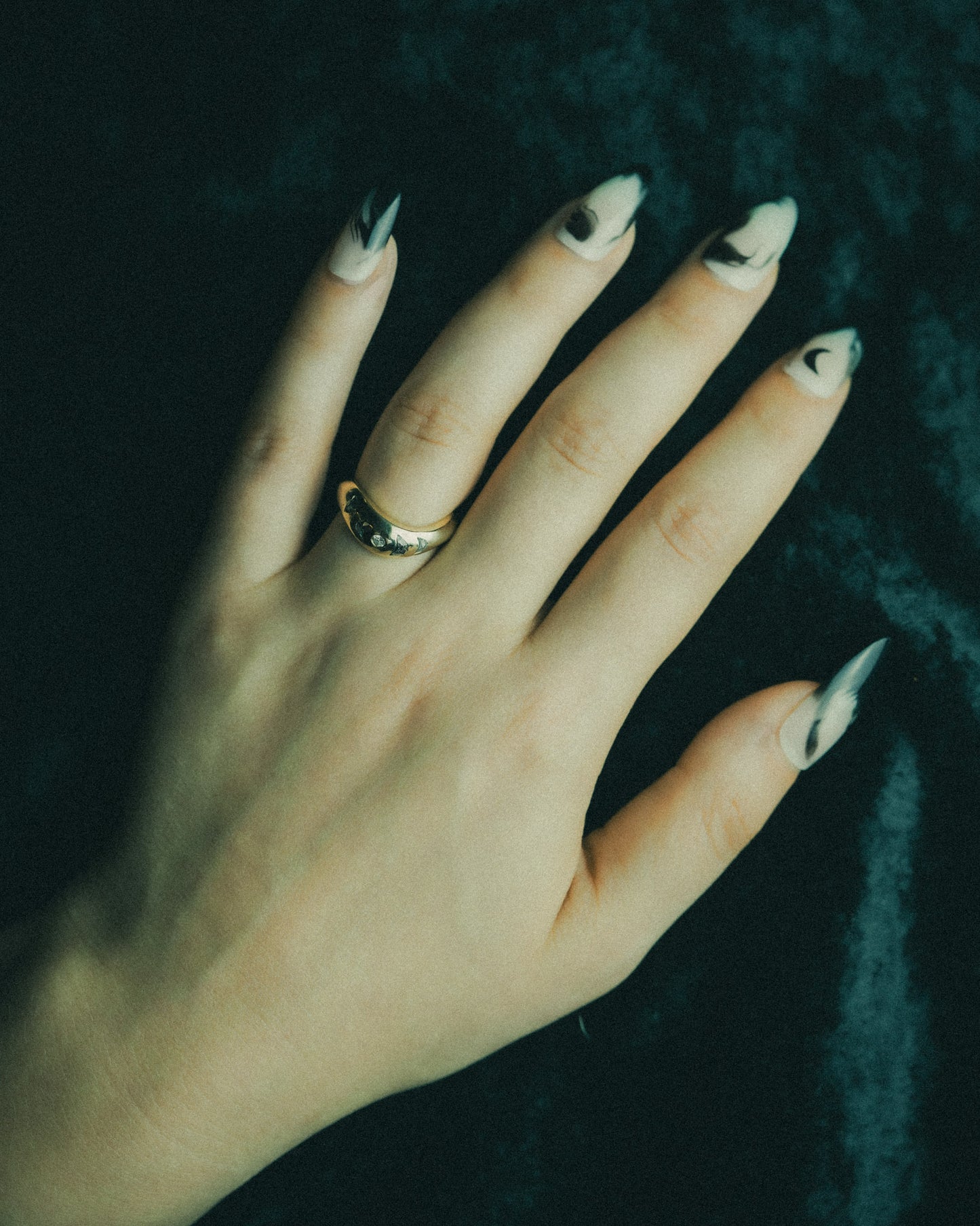 Veniszka Band with flush set salt & pepper diamond crescent moons and a round white diamond