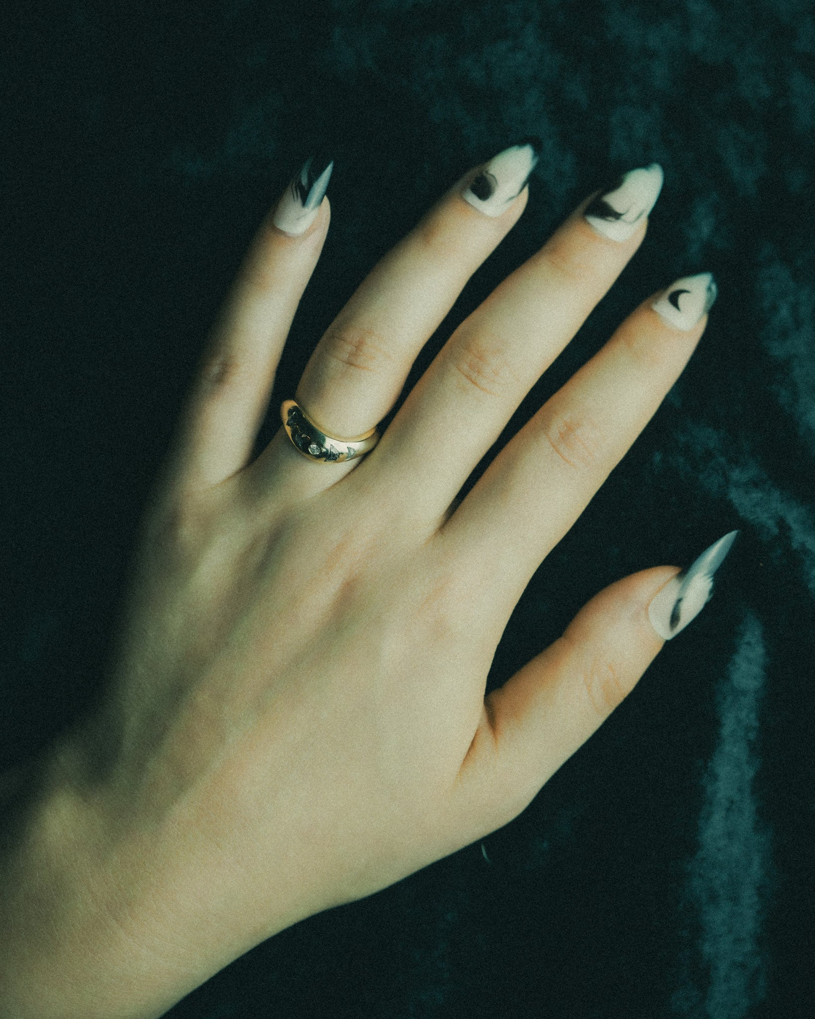 Veniszka Band with flush set salt & pepper diamond crescent moons and a round white diamond