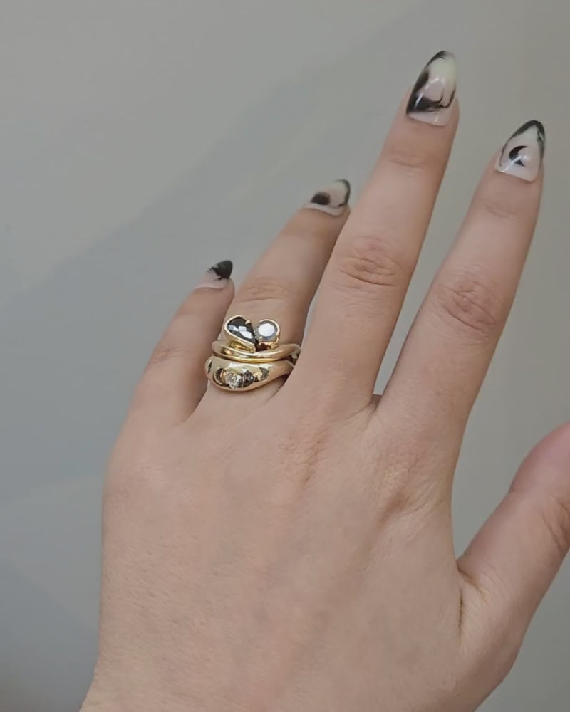 Veniszka Band with flush set salt & pepper diamond crescent moons and a round white diamond stacked with Bellatryx Toi et Moi Ring